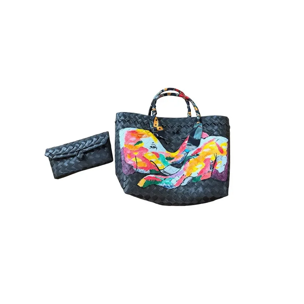Artistic Black Woven Tote Set with Matching Wallet & Scarf